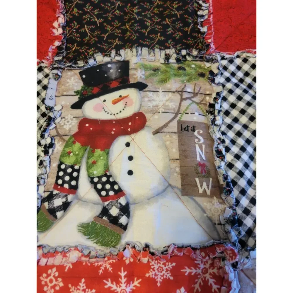 Handmade Snowman Rag Quilt Throw Farmhouse Christmas Holiday Blanket 43 x 48 in